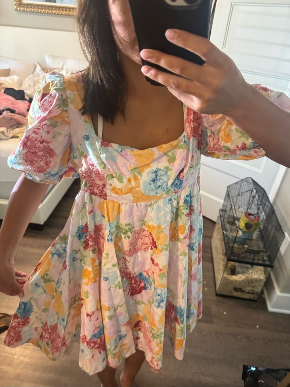 Floral Puff Sleeve Babydoll Dress - Multicolor